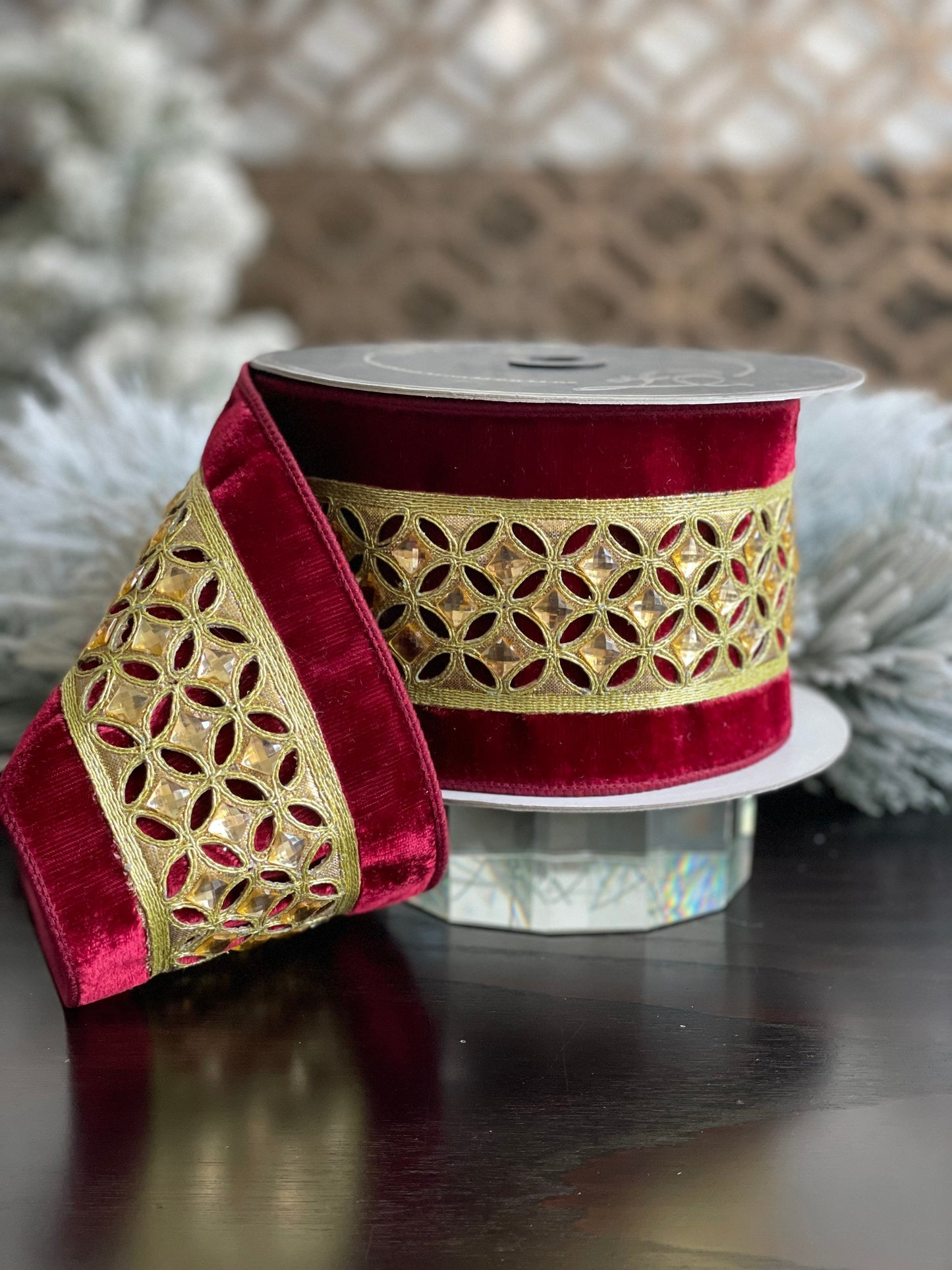 4"x5 yards velvet jeweled diamond lace. Ruby gold.