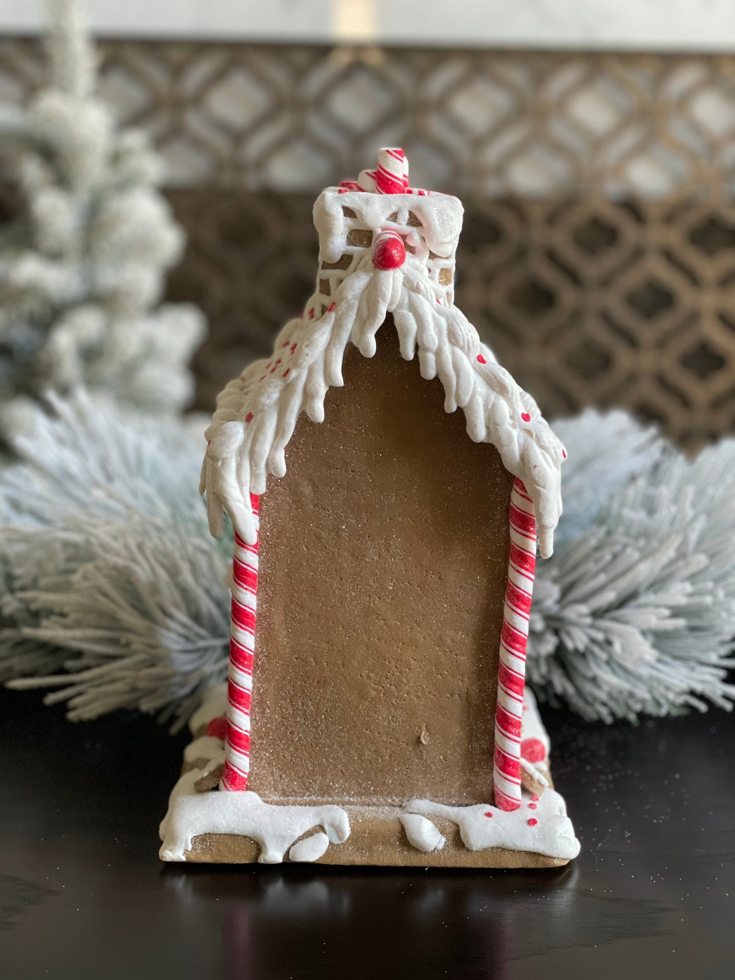 11.5”H x 6.5” W. Gingerbread lighted house with chimney. Red and white.