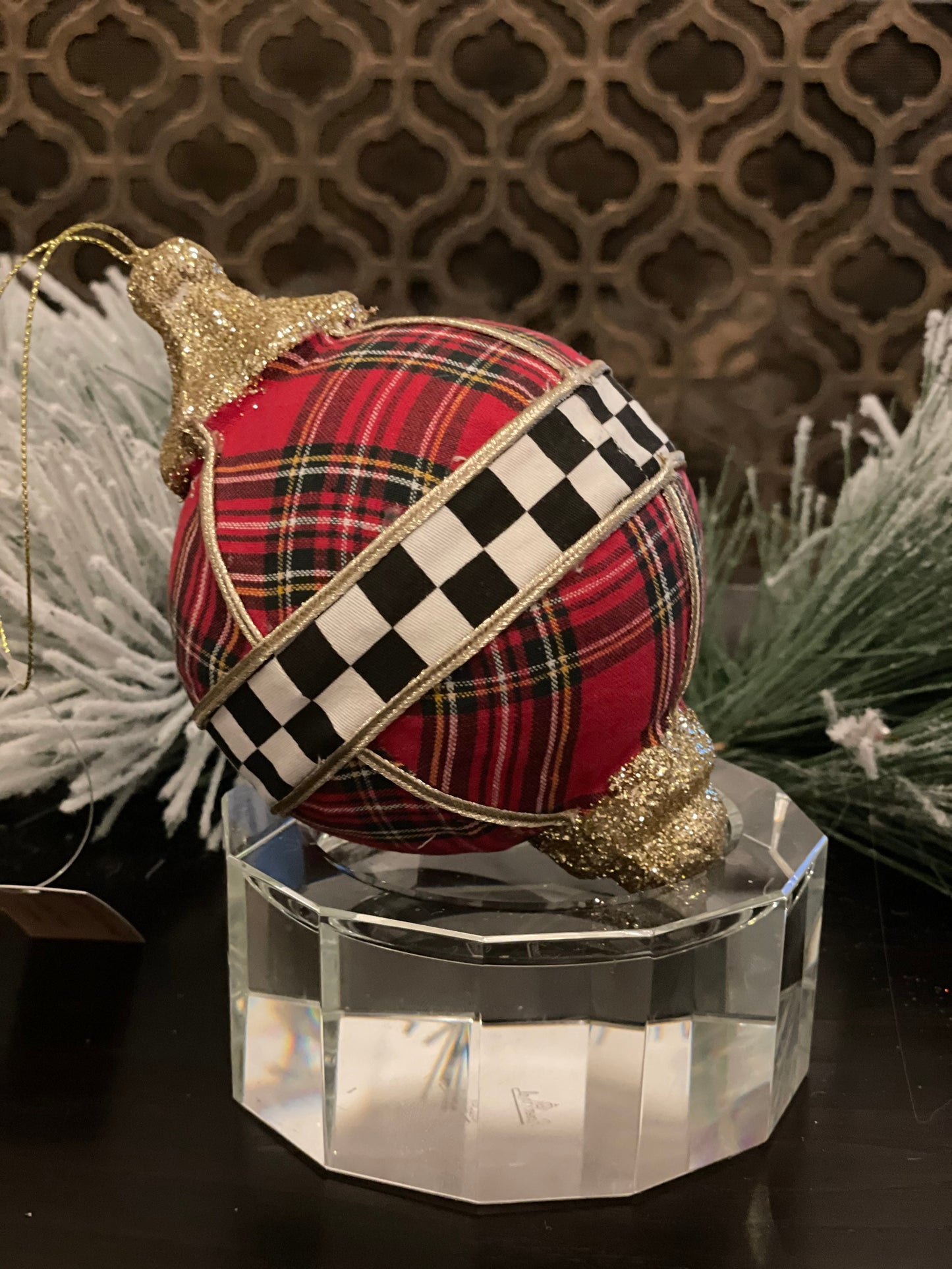 6"plaid check finial ornament.