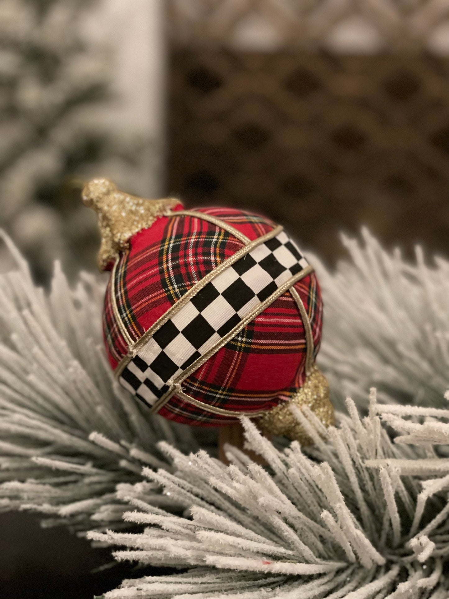 6"plaid check finial ornament.