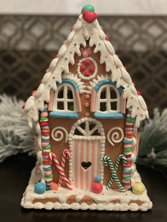 14" Lighted gingerbread candy house.