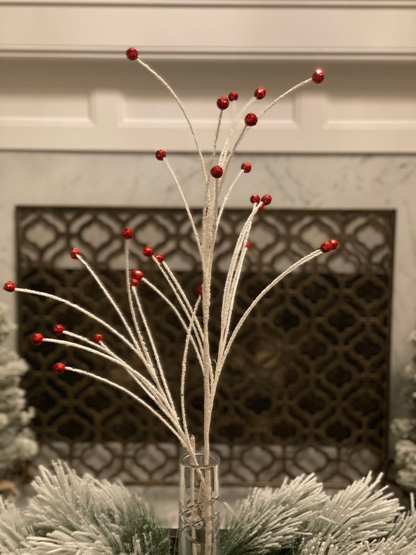 SET of 3. 33" Glitter fountain berry spray. White and red.