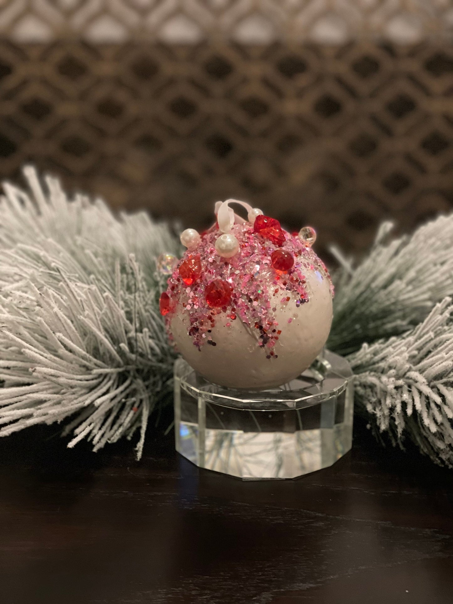 4.5" Pearl jeweled ball. White, red and pink.