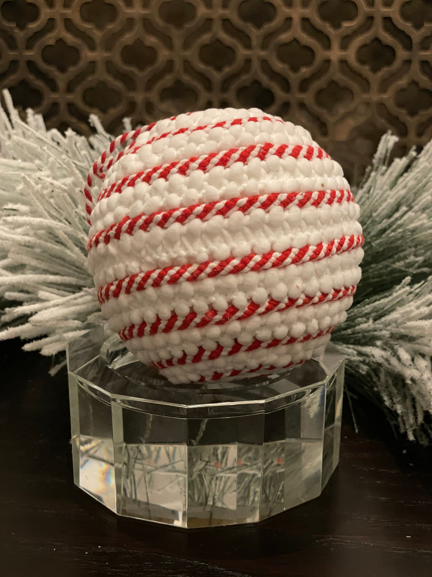SET of 2. 4" Swirl cord ball ornament. Red and white.