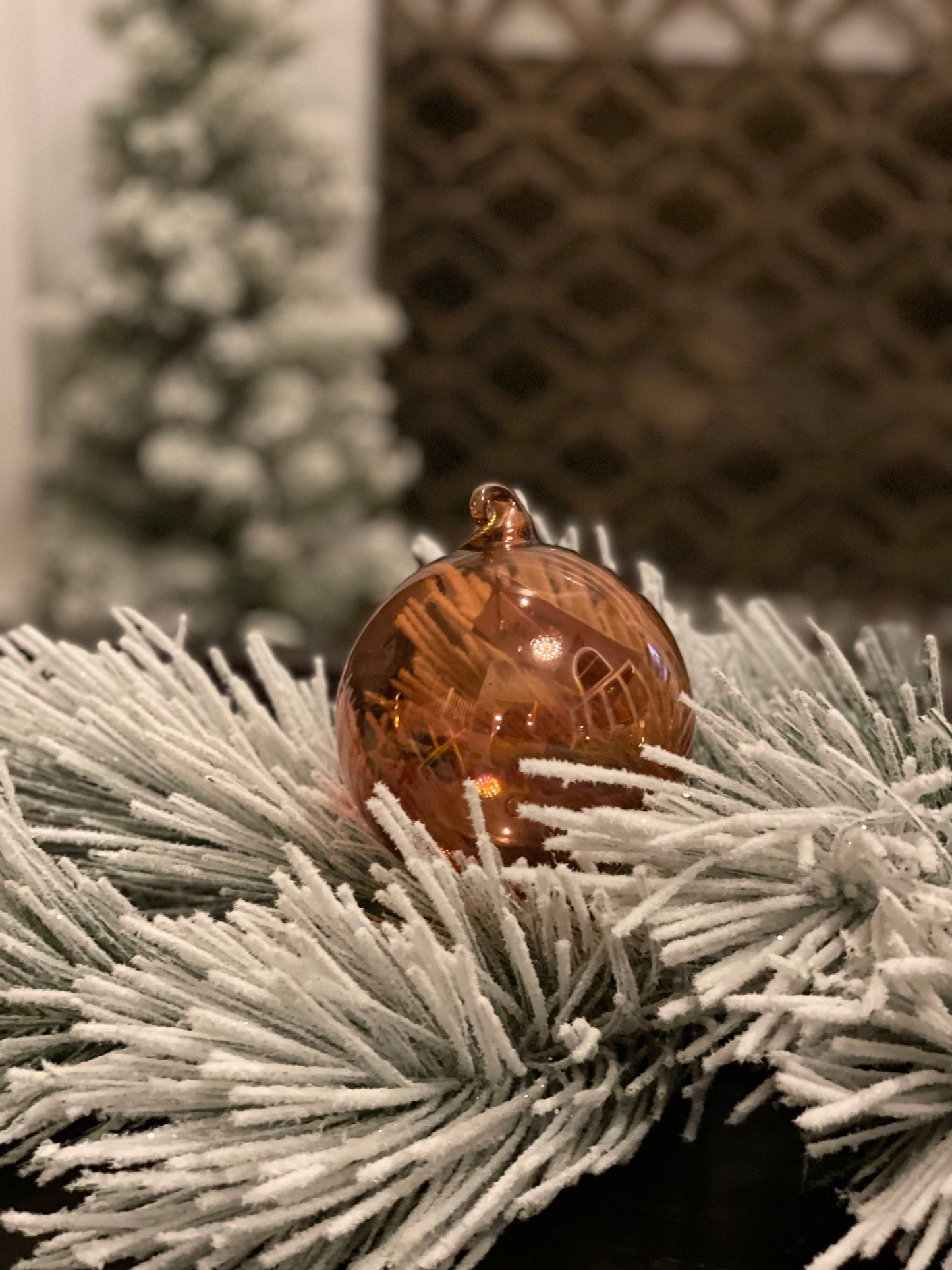 SET of 2. 100MM Glass ball ornament. Orange/amber.