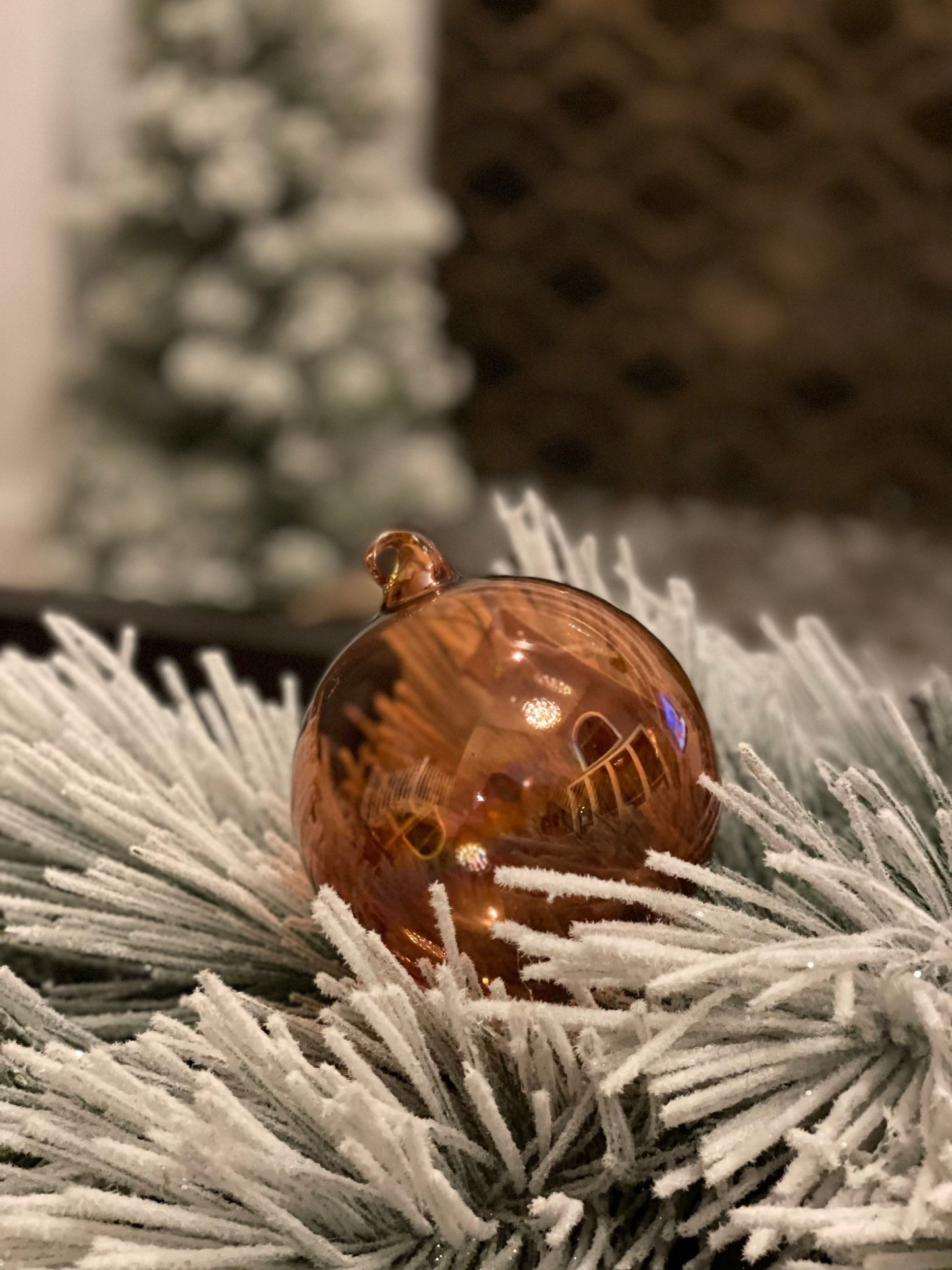 SET of 2. 100MM Glass ball ornament. Orange/amber.