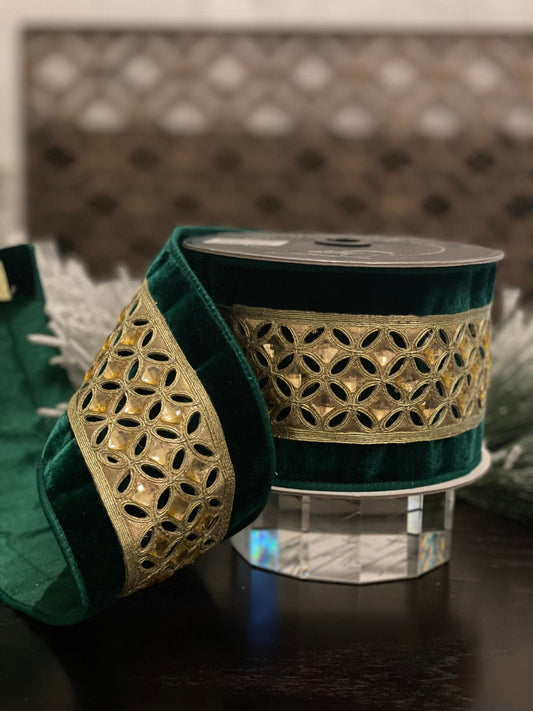 4” x 5 yds. Velvet diamond lace emerald gold . Wired. Farrisilk.*