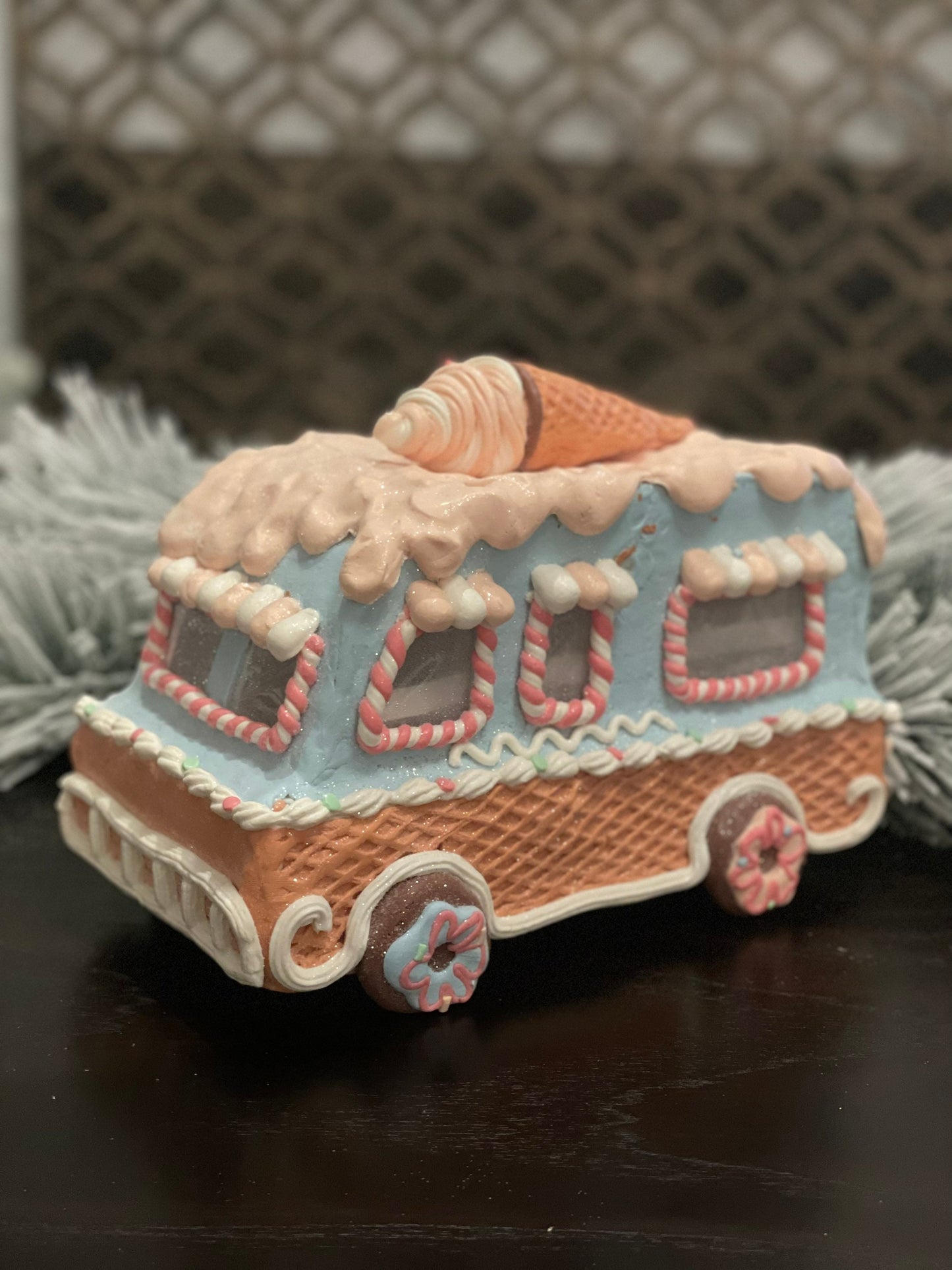 11”L x 8”H x 6W. Gingerbread ice cream truck. Lighted. Pastel colors.