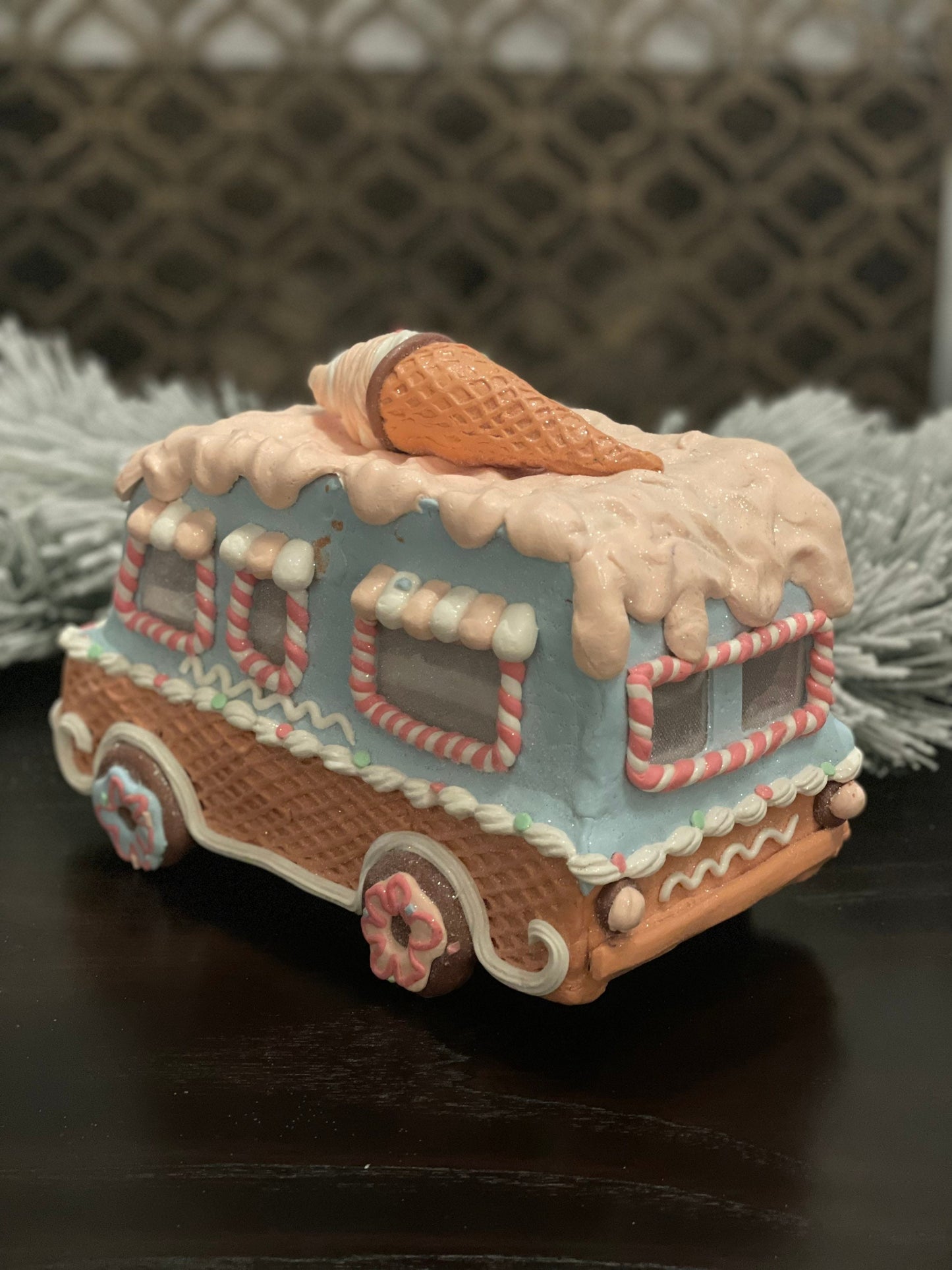 11”L x 8”H x 6W. Gingerbread ice cream truck. Lighted. Pastel colors.