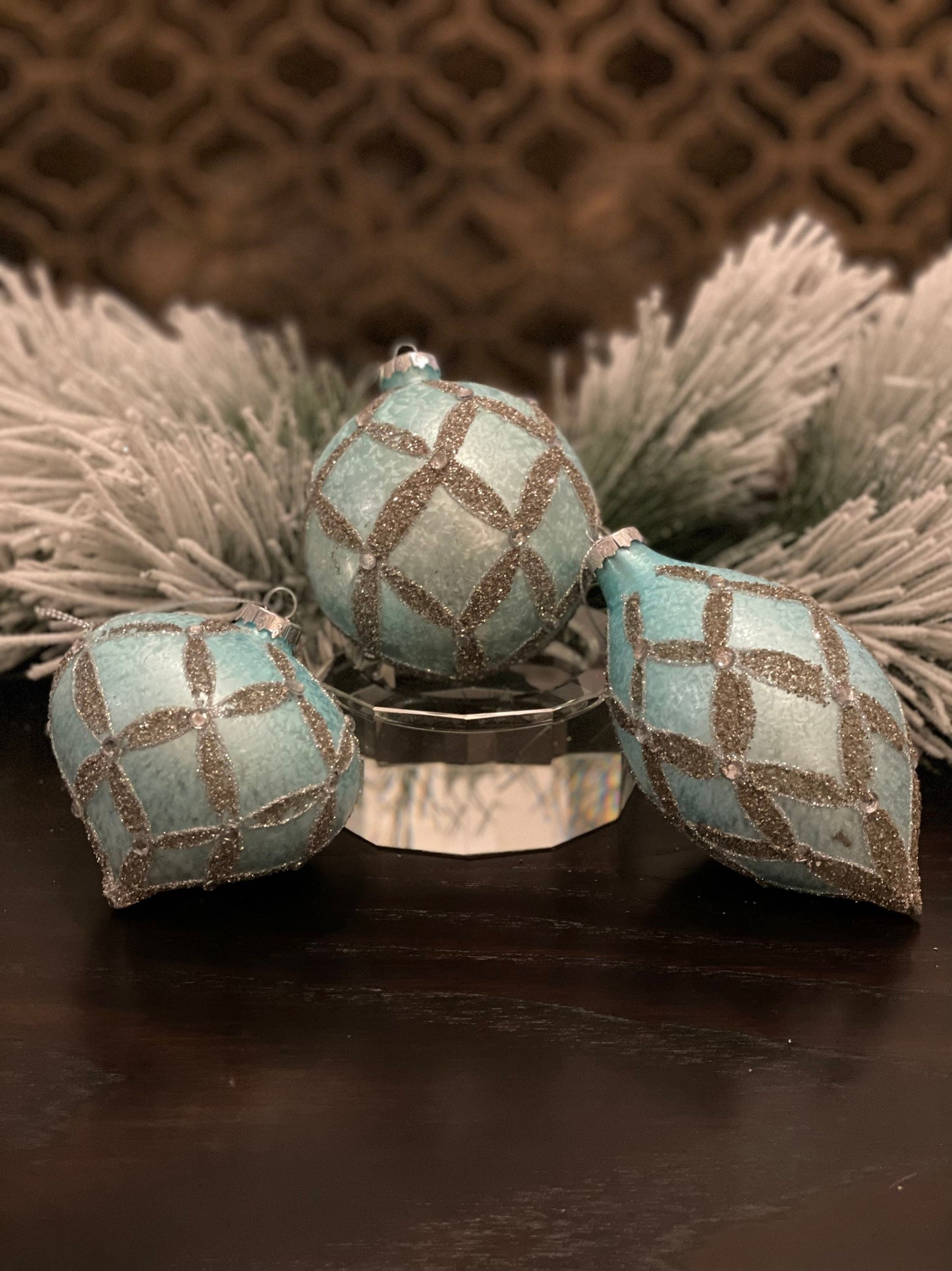 4" Blue and Platinum Frosted Diamond Glass Ornament Set of 3