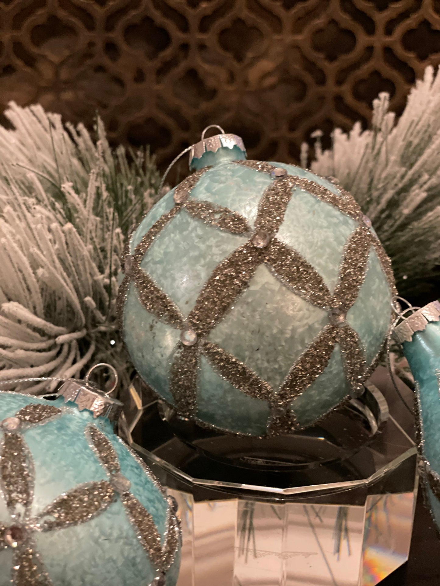 4" Blue and Platinum Frosted Diamond Glass Ornament Set of 3