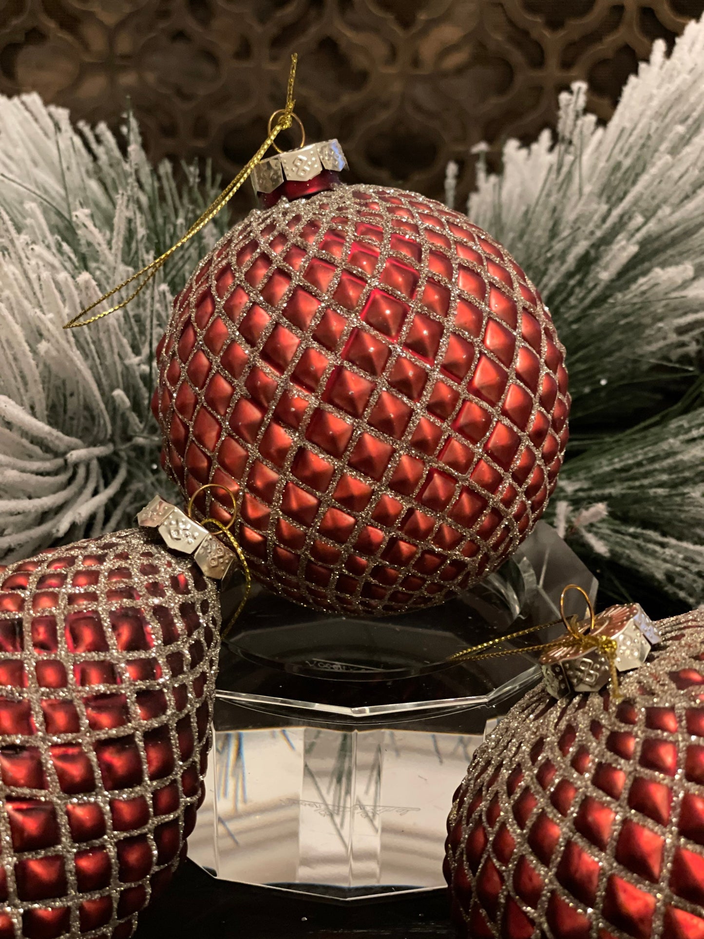 4" red and gold glitter diamond glass ornament set of 3*
