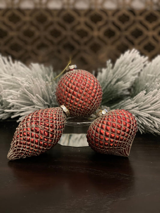 4" red and gold glitter diamond glass ornament set of 3*