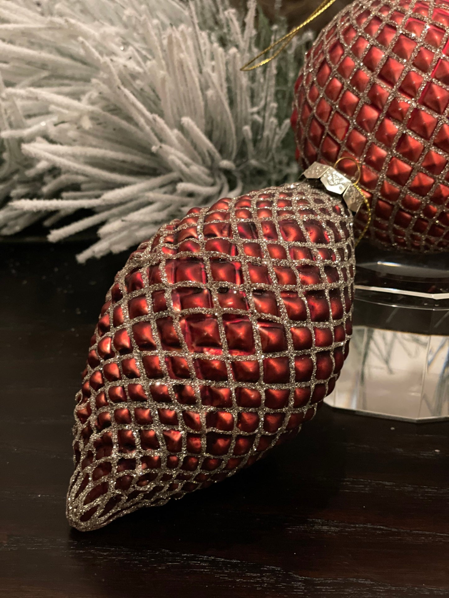 4" red and gold glitter diamond glass ornament set of 3*
