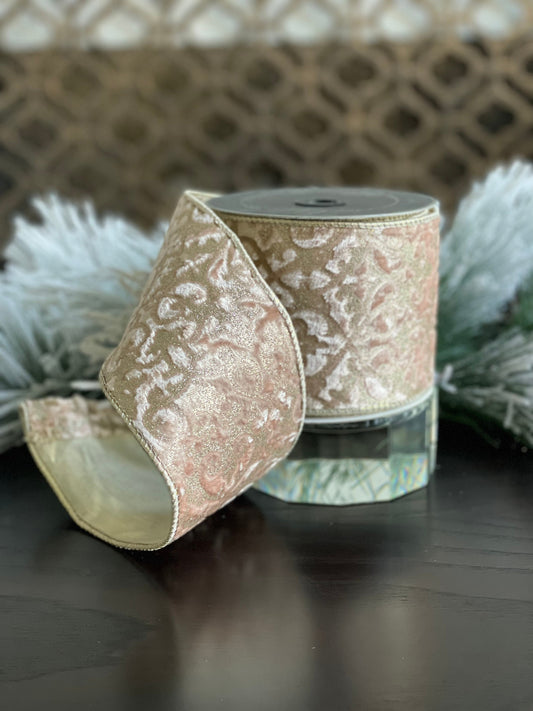 4" x 10 Yards deluxe mini acanthus velvet rose wired ribbon* Farrisilk pink.