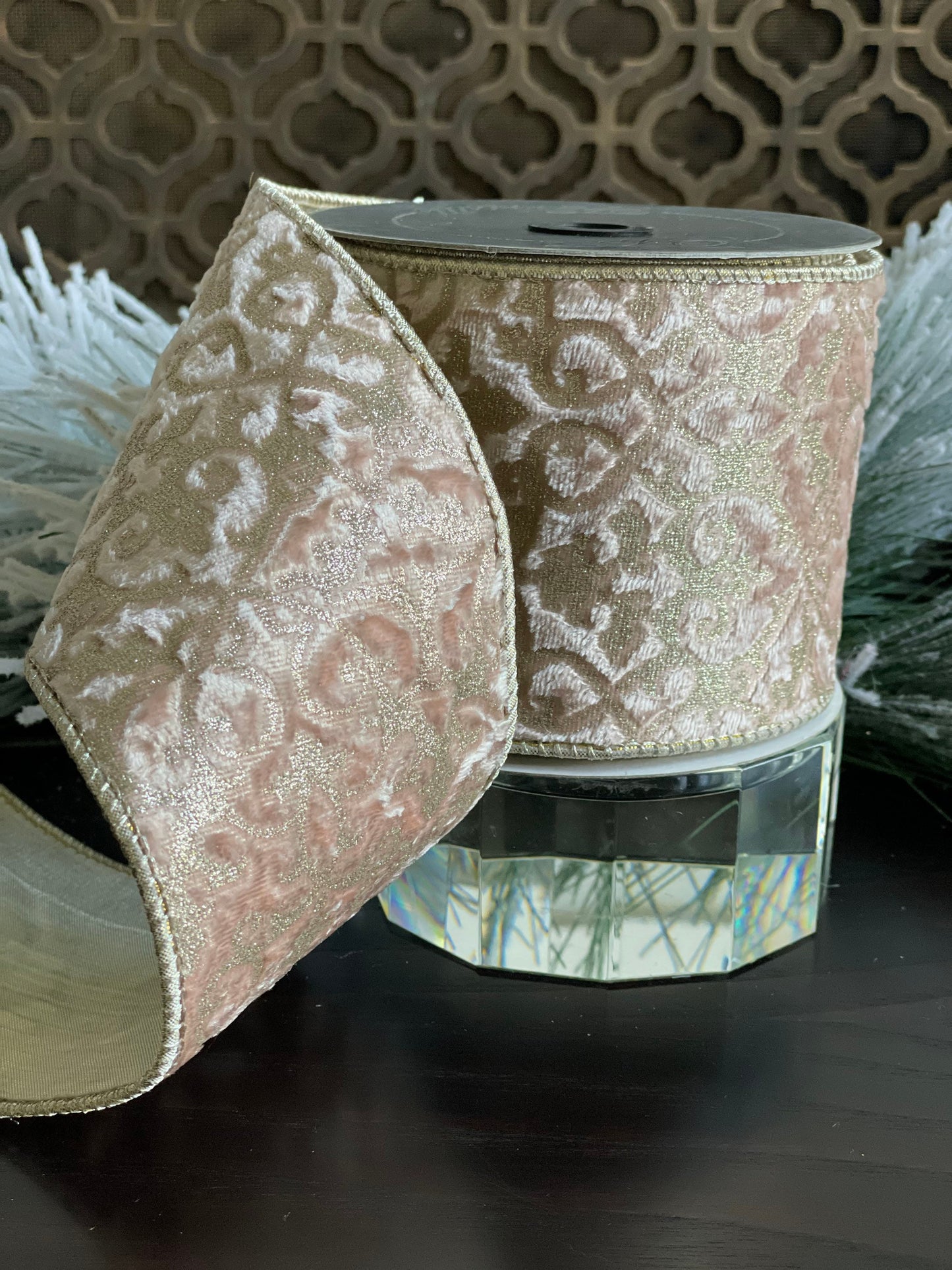 4" x 10 Yards deluxe mini acanthus velvet rose wired ribbon* Farrisilk pink.