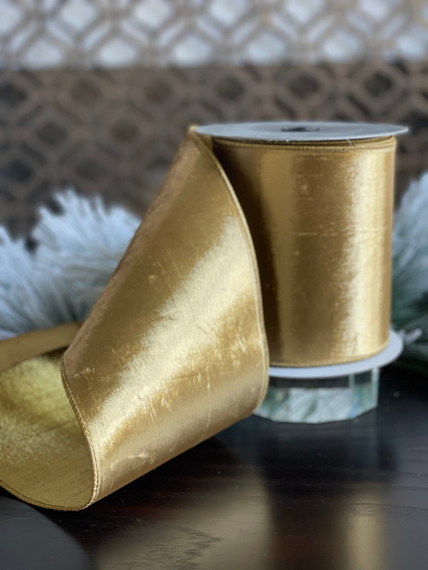 6” x 10 yds. Designer luster velvet gold ribbon with gold back.*