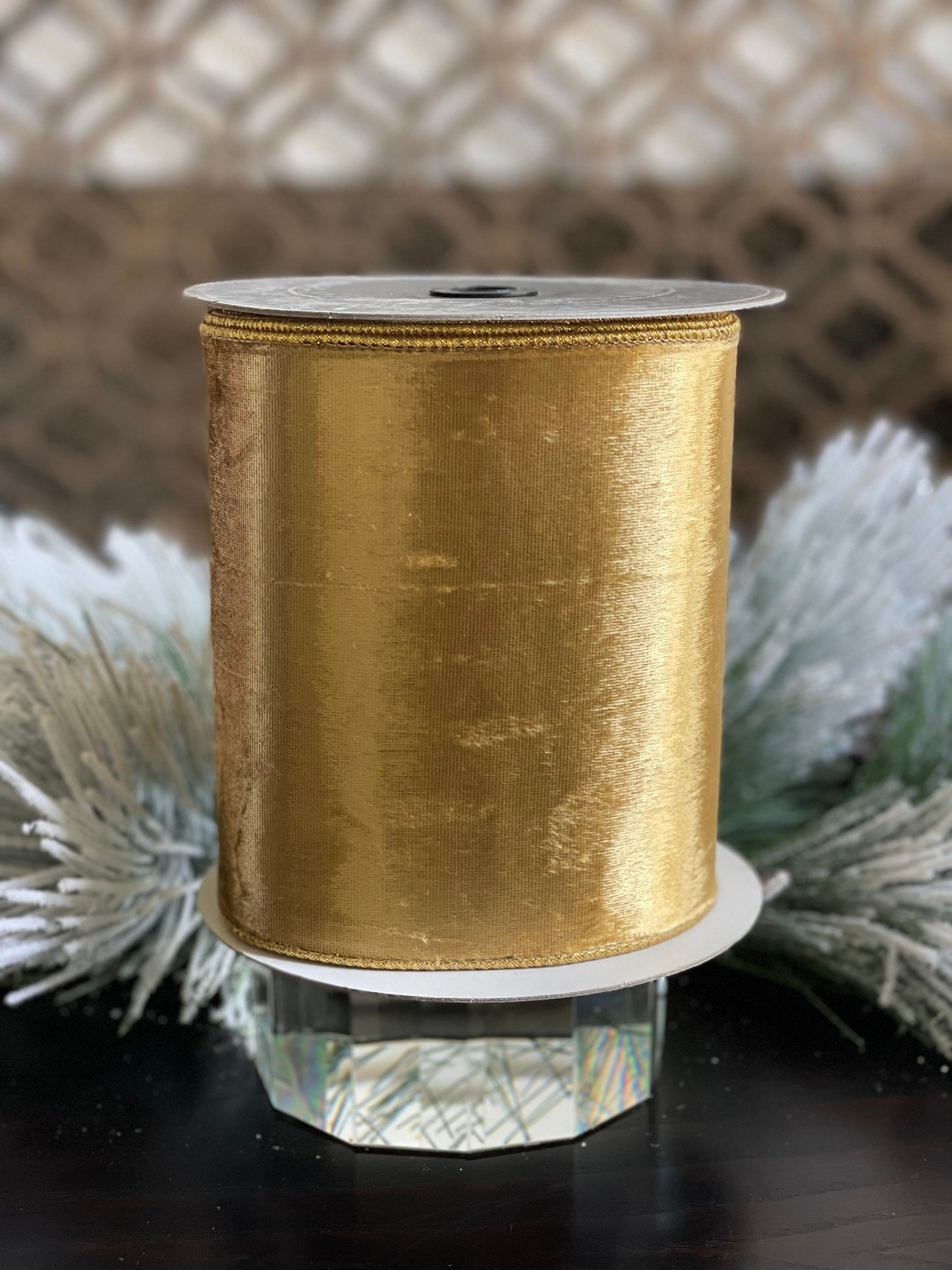 6” x 10 yds. Designer luster velvet gold ribbon with gold back.*