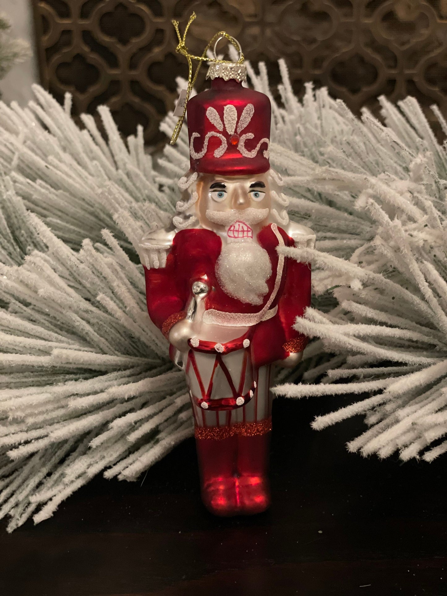 6” Glass peppermint candy Nutcracker ornament. Glass. Regency.