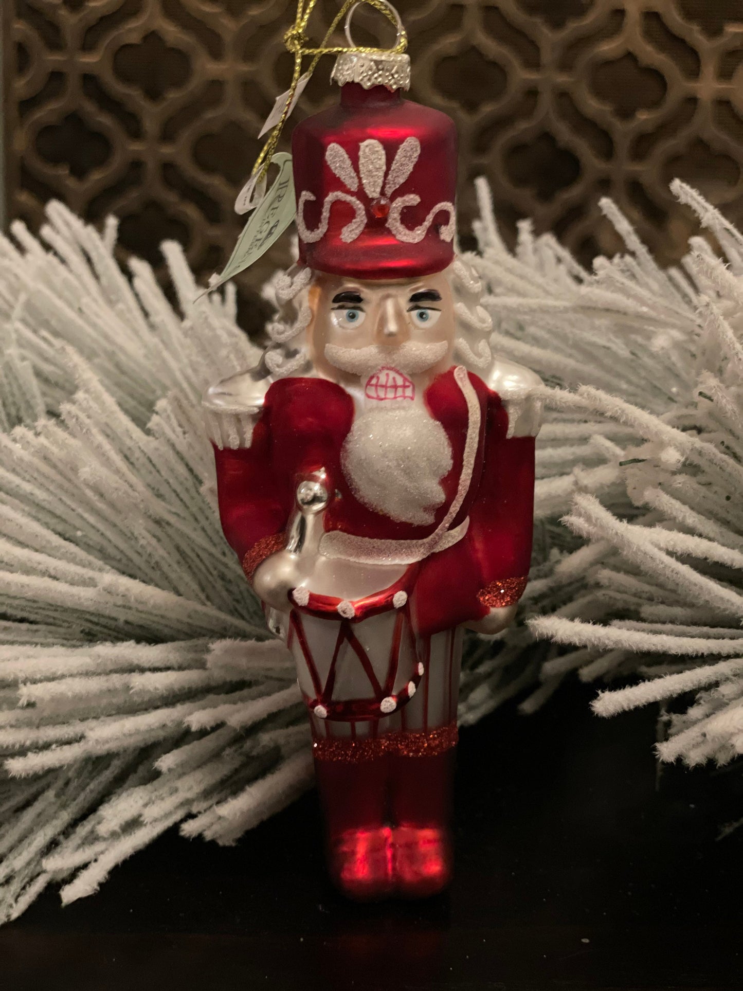 6” Glass peppermint candy Nutcracker ornament. Glass. Regency.