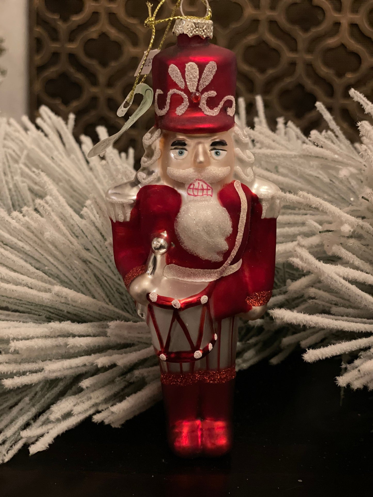 6” Glass peppermint candy Nutcracker ornament. Glass. Regency.
