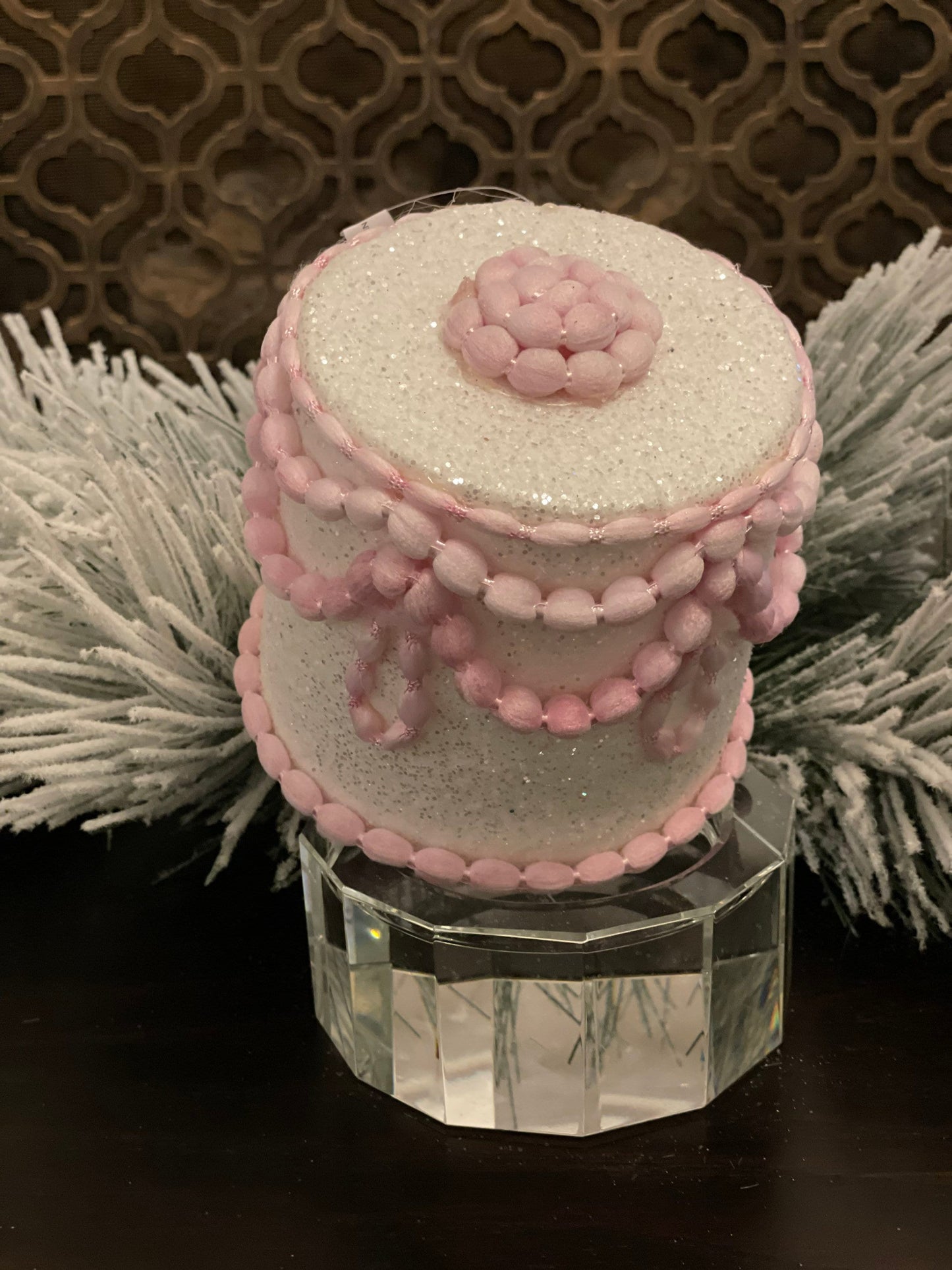 5" Pastel candy decorated cake ornament. White.
