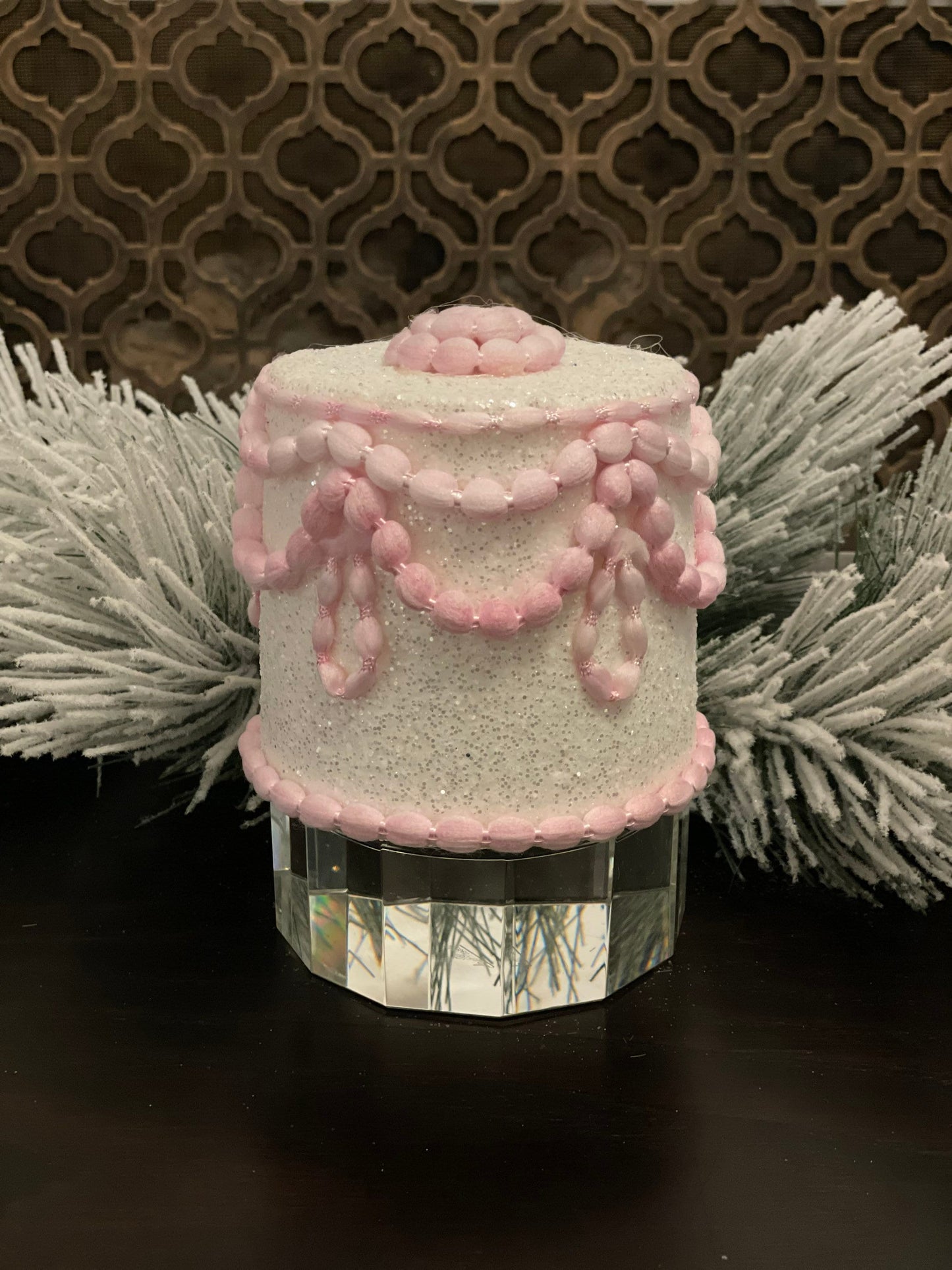 5" Pastel candy decorated cake ornament. White.