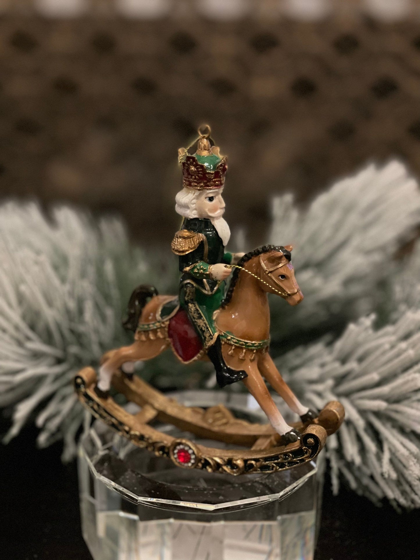 6” resin royal jewel nutcracker rocking horse ornament.