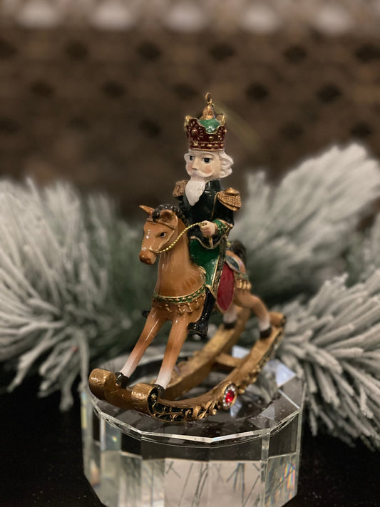 6” resin royal jewel nutcracker rocking horse ornament.