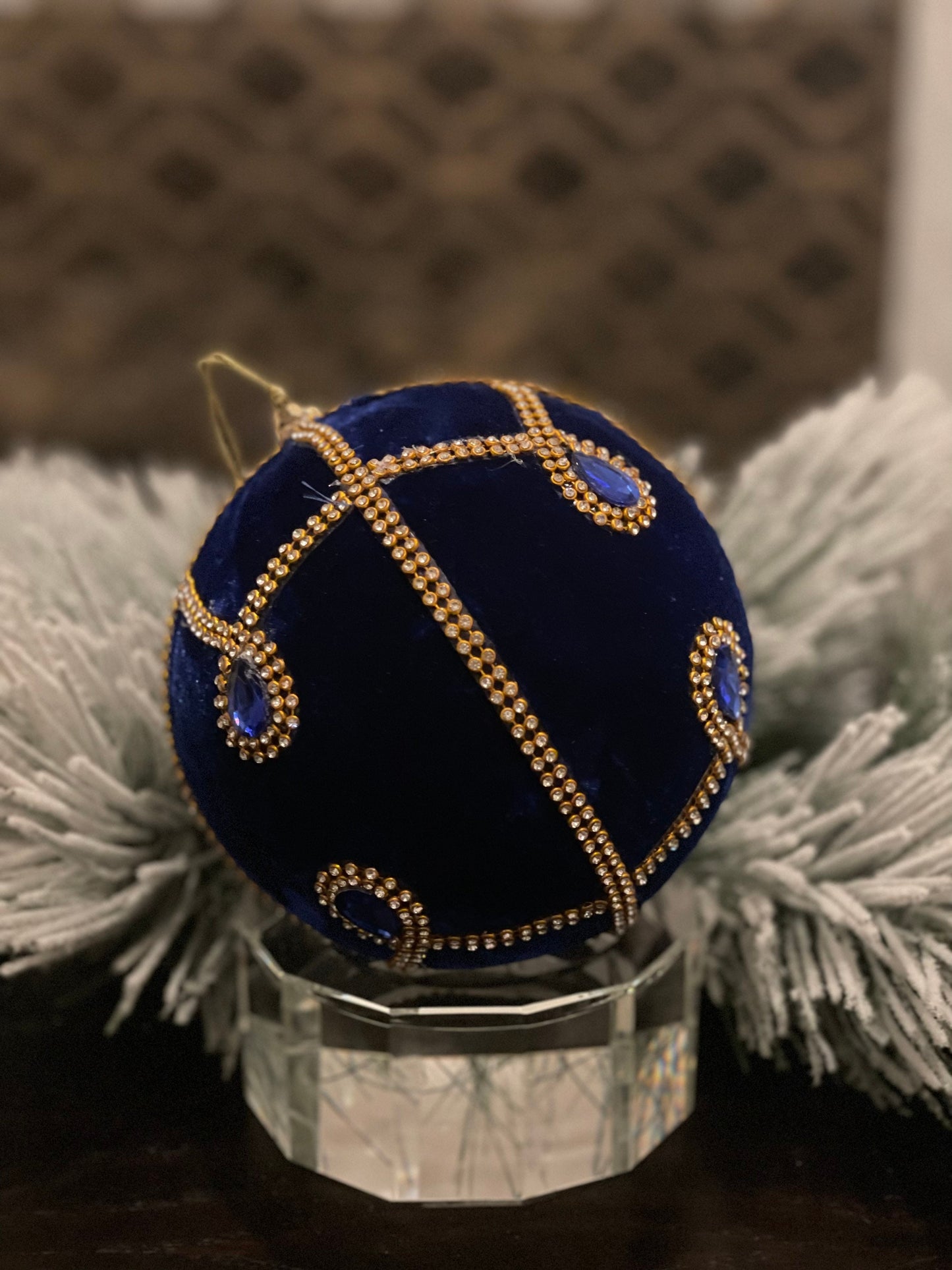 6” Jeweled ball ornament blue.