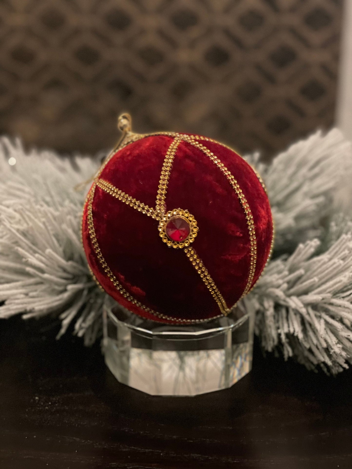6” Jeweled velvet ball ornament red and gold.