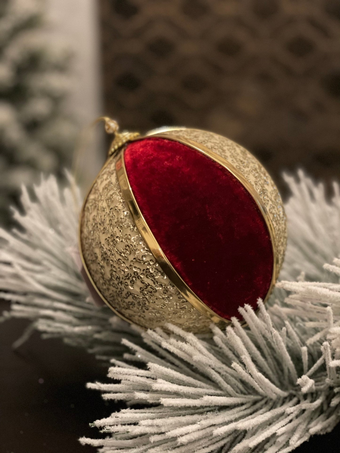 6” sequined ball ornament red and gold.