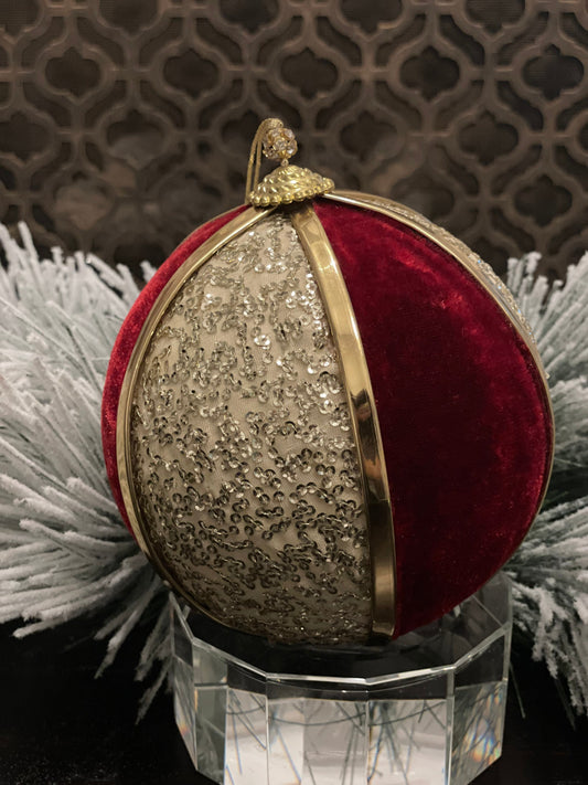 6” sequined ball ornament red and gold.