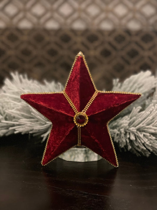 9” Star jeweled velvet ornament red and gold.