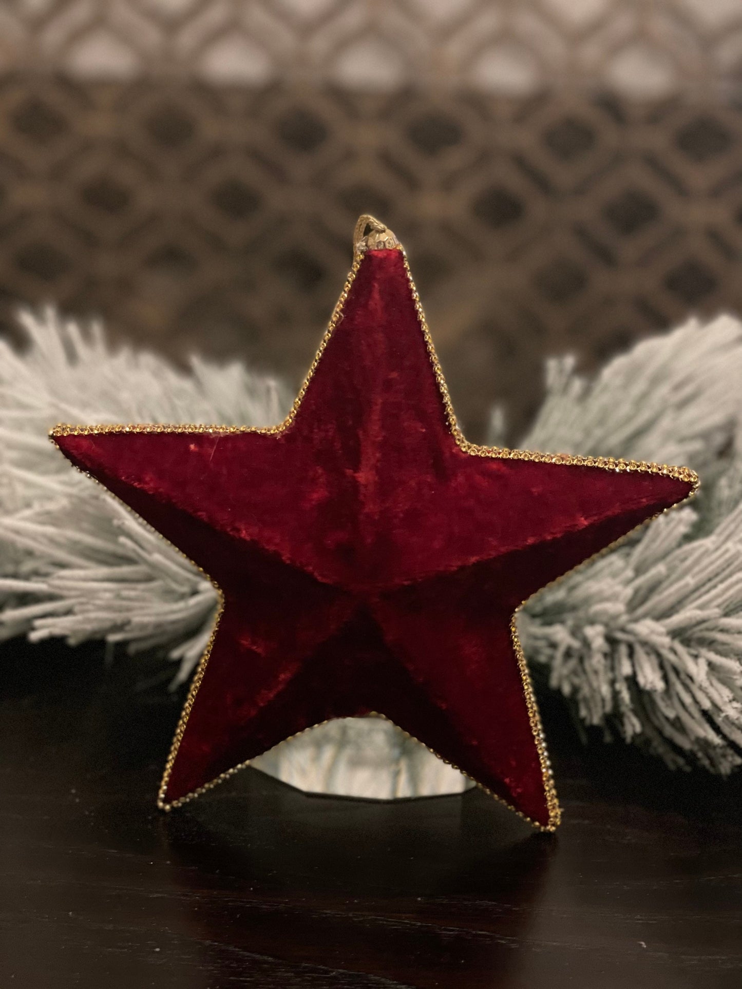 9” Star jeweled velvet ornament red and gold.