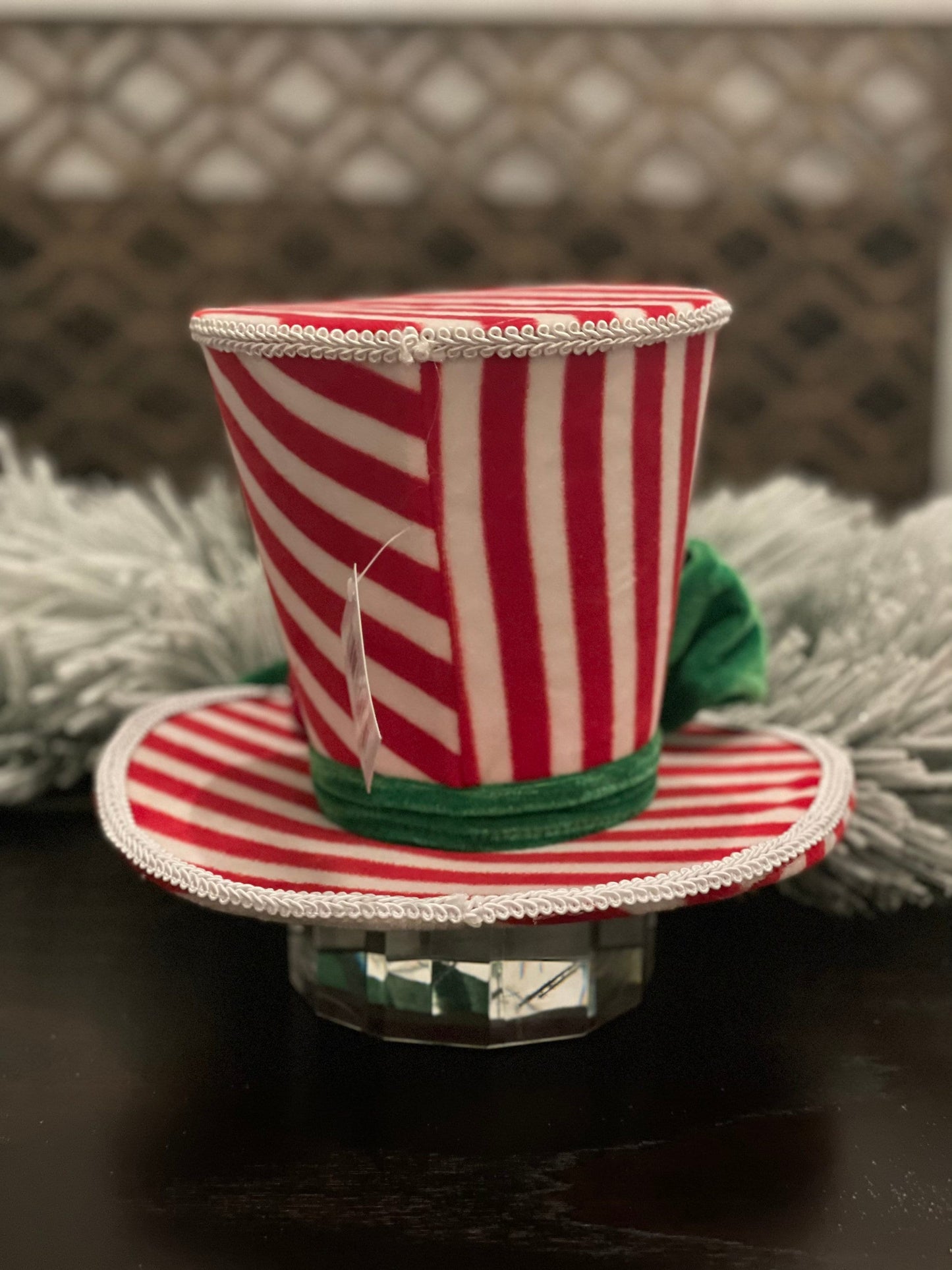 7” Hat Christmas. Peppermint. Candy theme. Green, red and white hat.