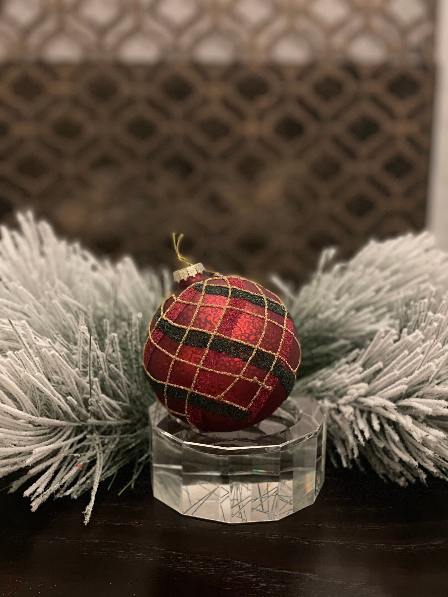 SET of 2. 4"mercury glass beaded plaid ball ornament.