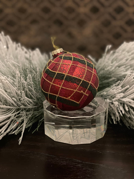SET of 2. 4"mercury glass beaded plaid ball ornament.