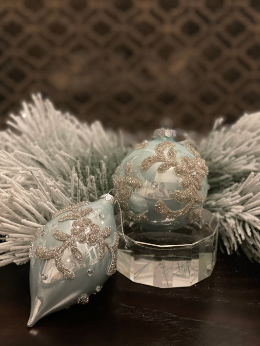 4-6"Glass beaded trinity ball/kismet ornament. Set of 2. Aqua.