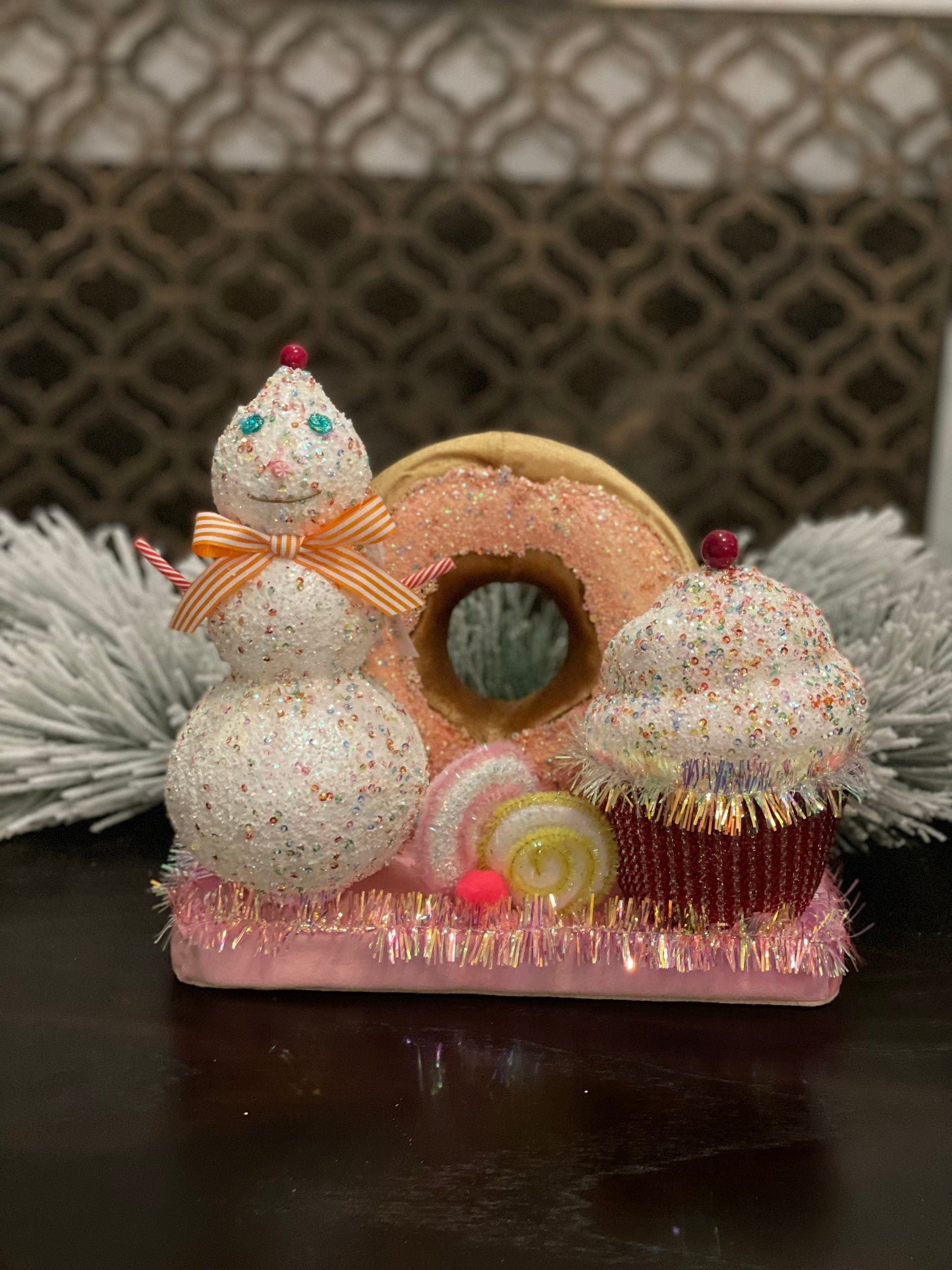 11” l x 10”h x 5.5” w. Snowman donut and cupcake scene.