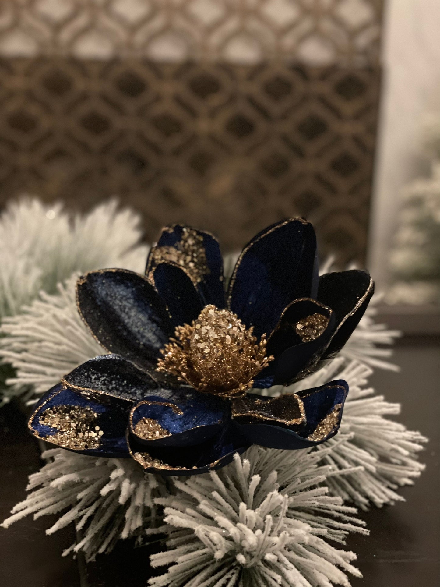 9.5” inches beaded jewel magnolia stem, sapphire and gold.