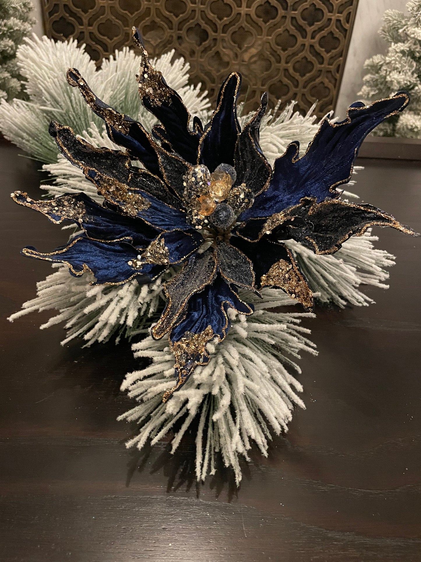 13” Poinsettia beaded stem. Sapphire. Blue.