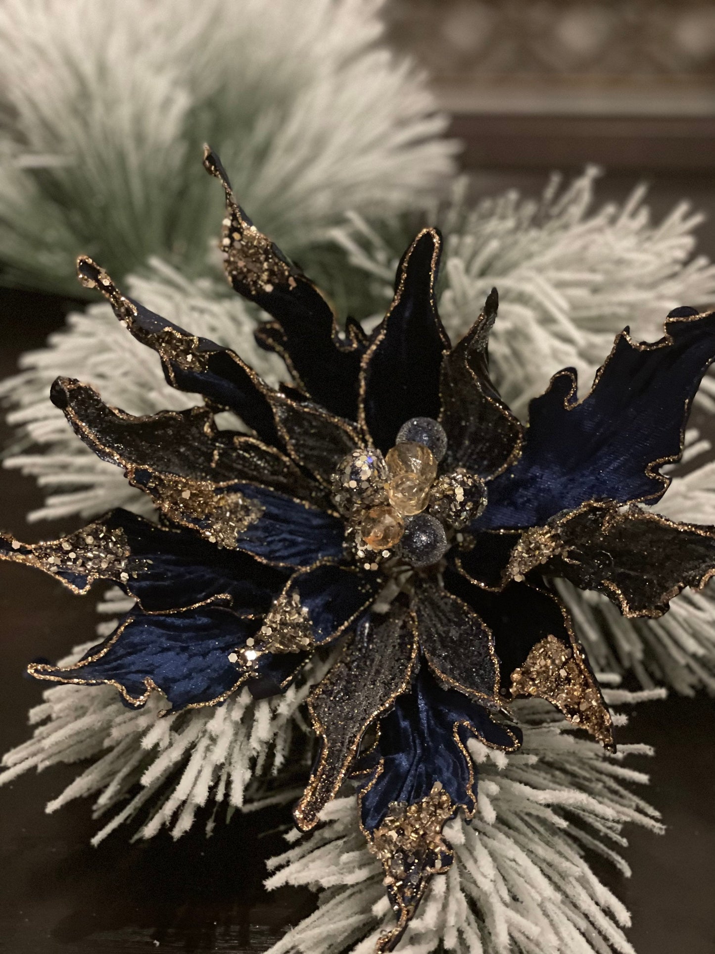13” Poinsettia beaded stem. Sapphire. Blue.