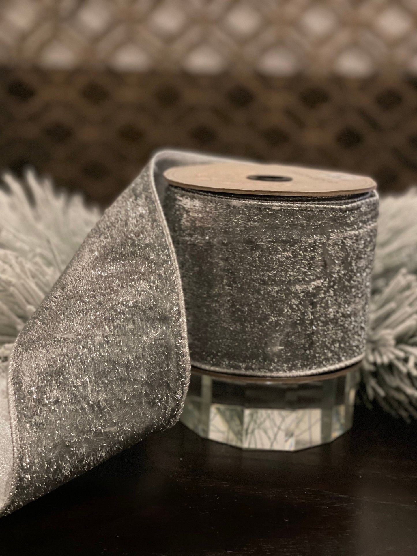 4” x 10 yds. Designer metallic velvet and metallic back silver ribbon.*