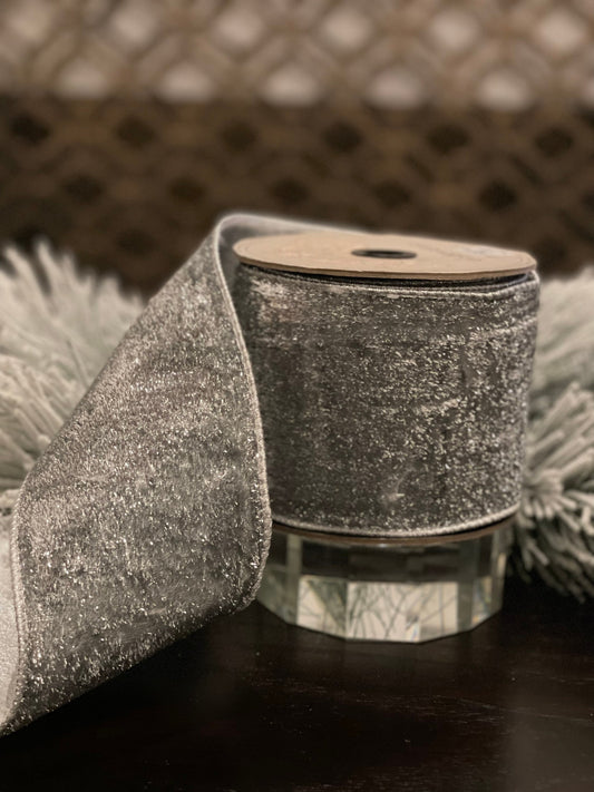 4” x 10 yds. Designer metallic velvet and metallic back silver ribbon.*