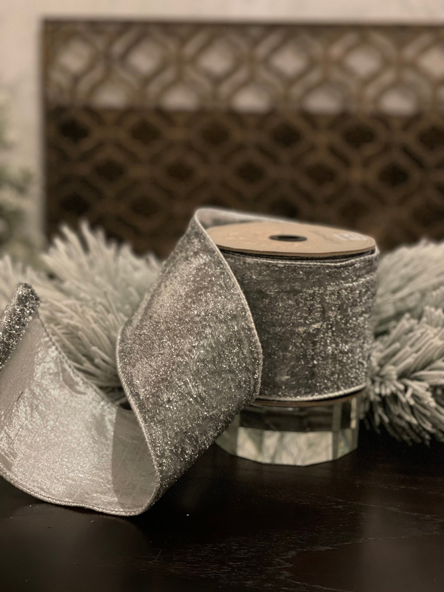 4” x 10 yds. Designer metallic velvet and metallic back silver ribbon.*
