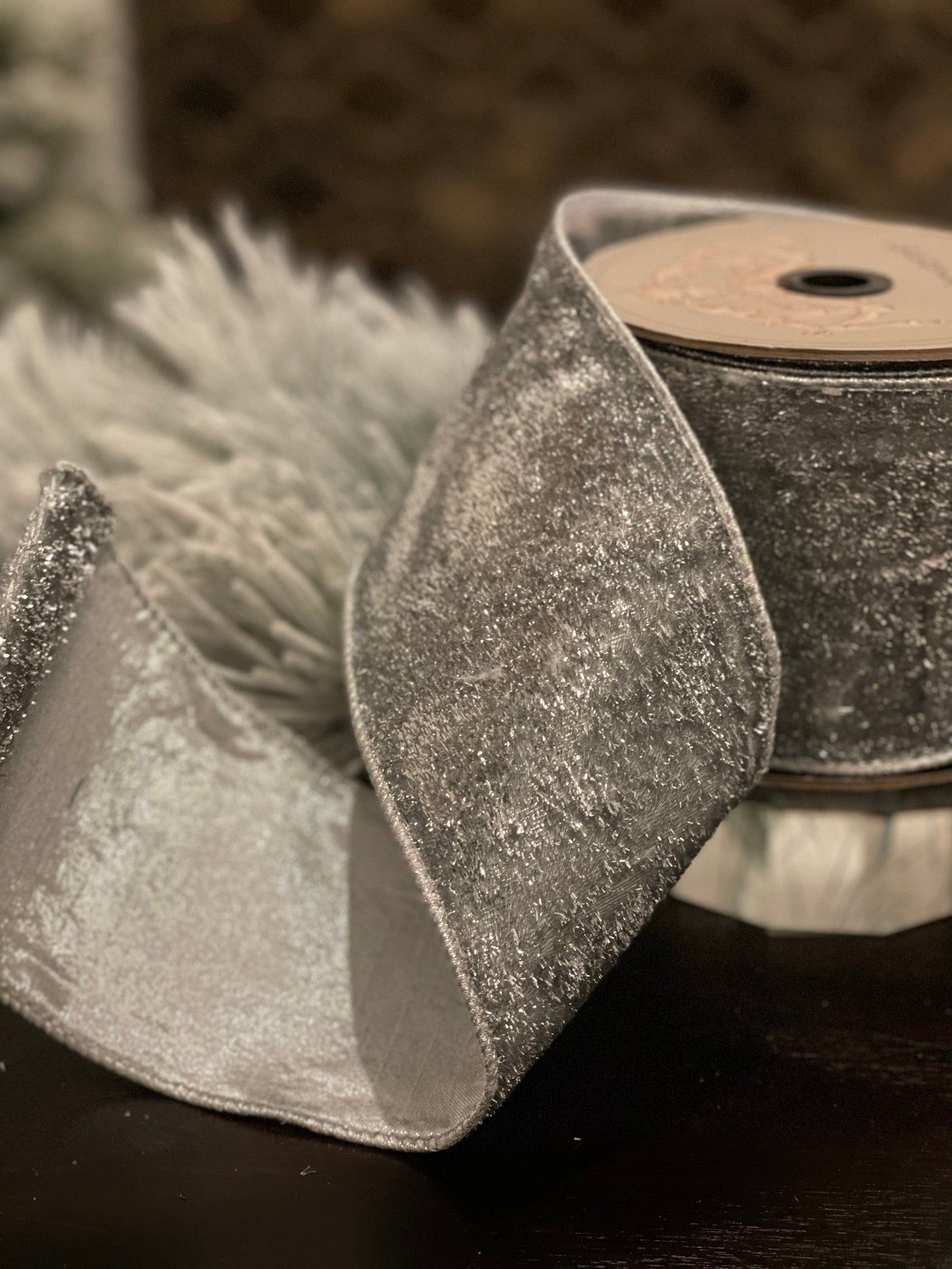 4” x 10 yds. Designer metallic velvet and metallic back silver ribbon.*