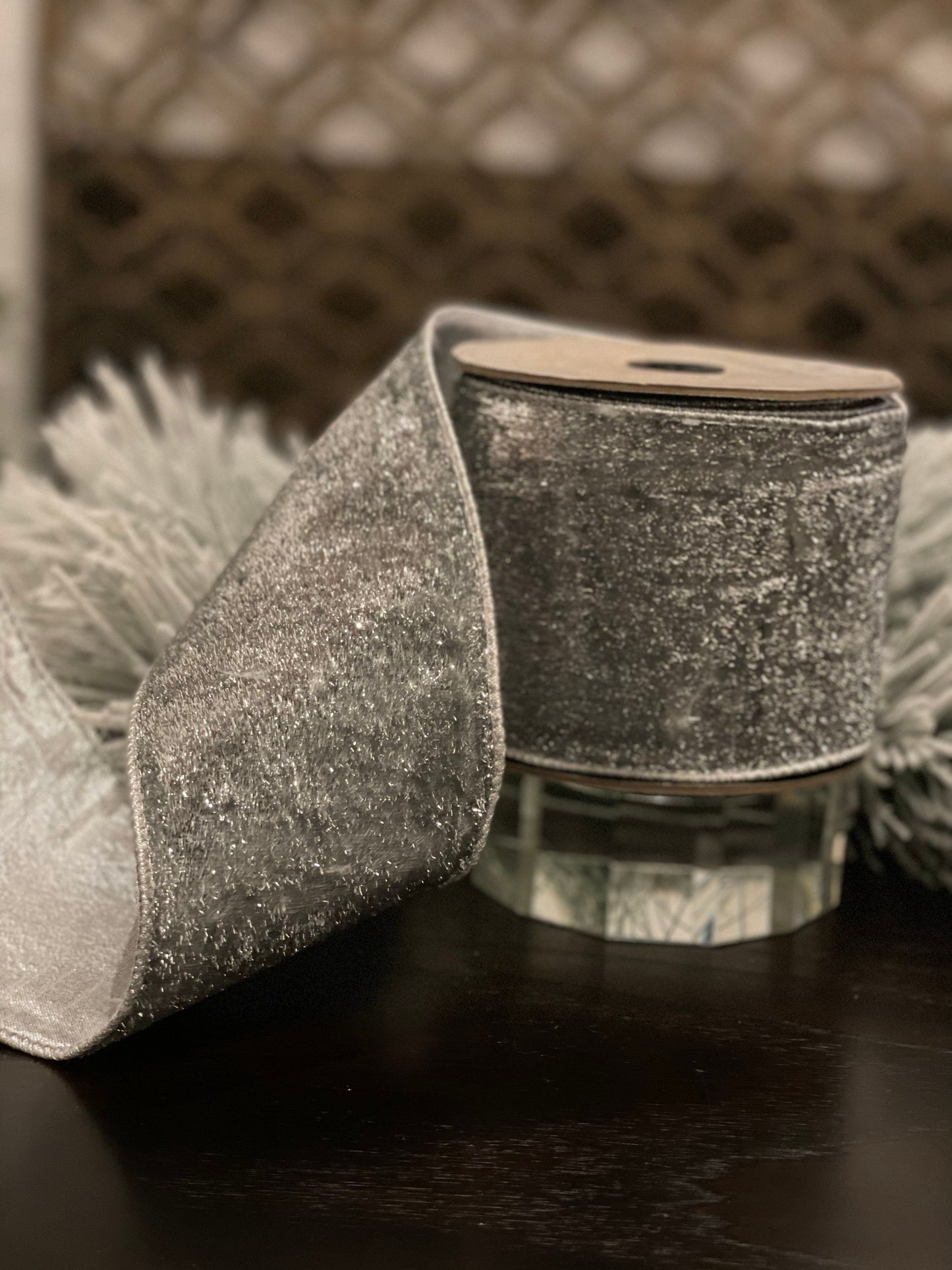 4” x 10 yds. Designer metallic velvet and metallic back silver ribbon.*