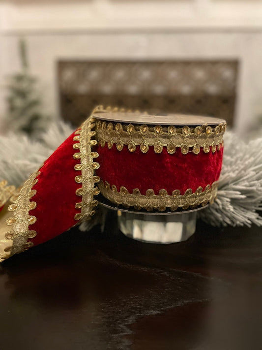 4” x 10 yds. Velvet jewel trim red ribbon. Wired. D. Stevens.*
