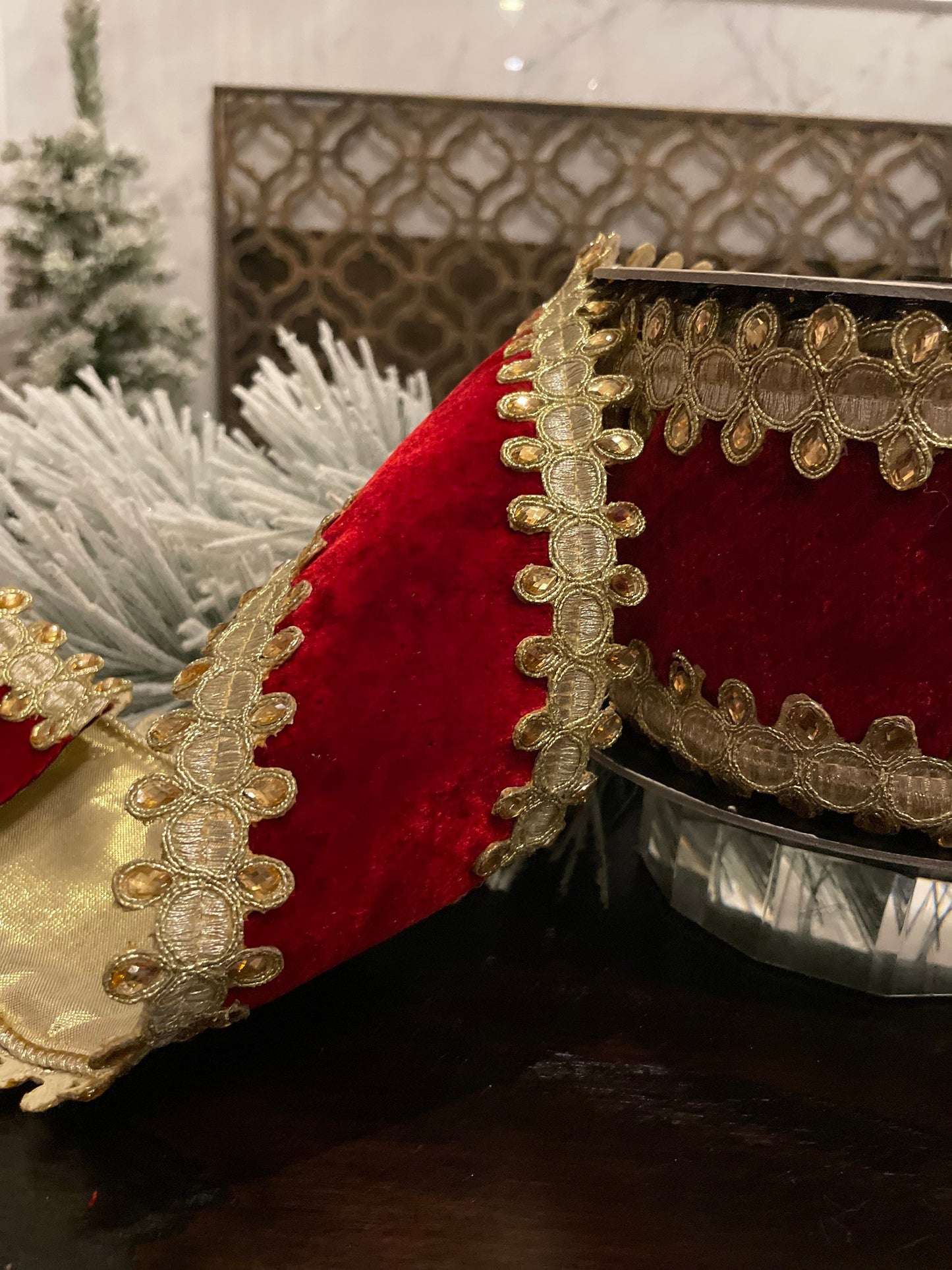 4” x 10 yds. Velvet jewel trim red ribbon. Wired. D. Stevens.*